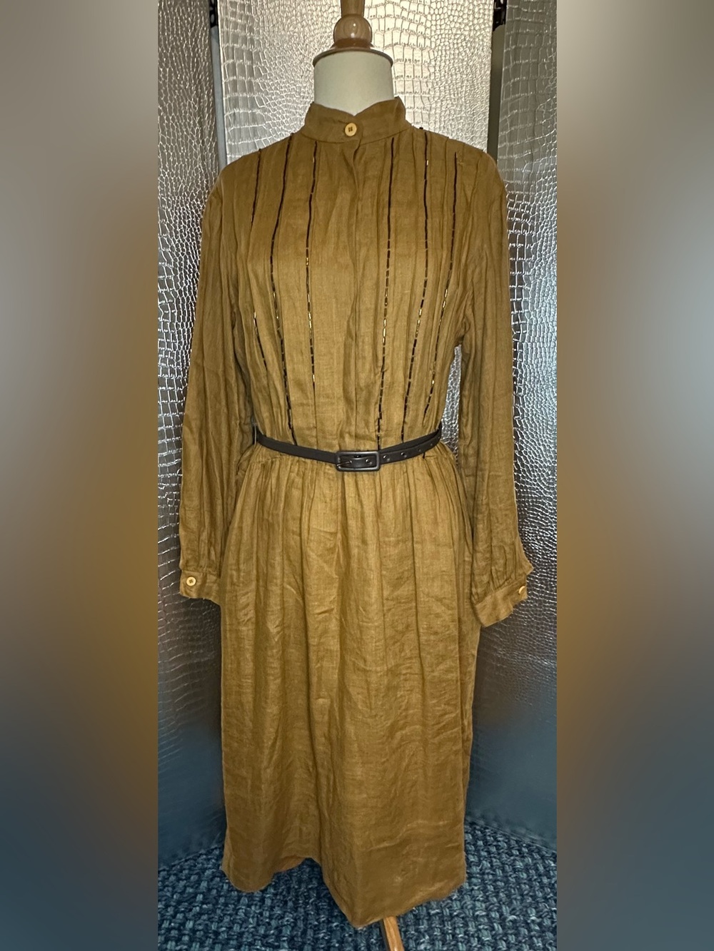 Frank Masandrea VintageLinen Work Dress In Harvest Mustard W/ Copper Tone Bead